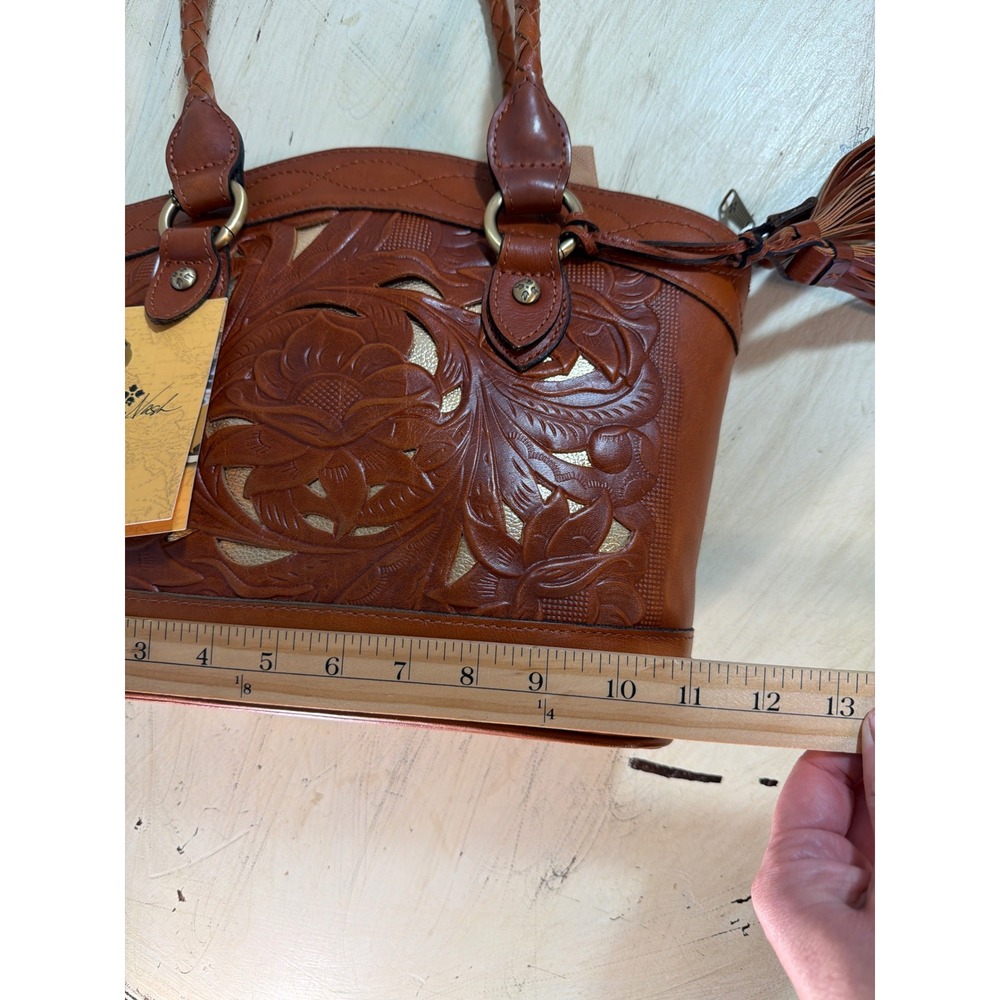 Patricia Nash Leather Shoulder Bag Women Medium Tan Gold Tooled Floral Tassel - Picture 5 of 9
